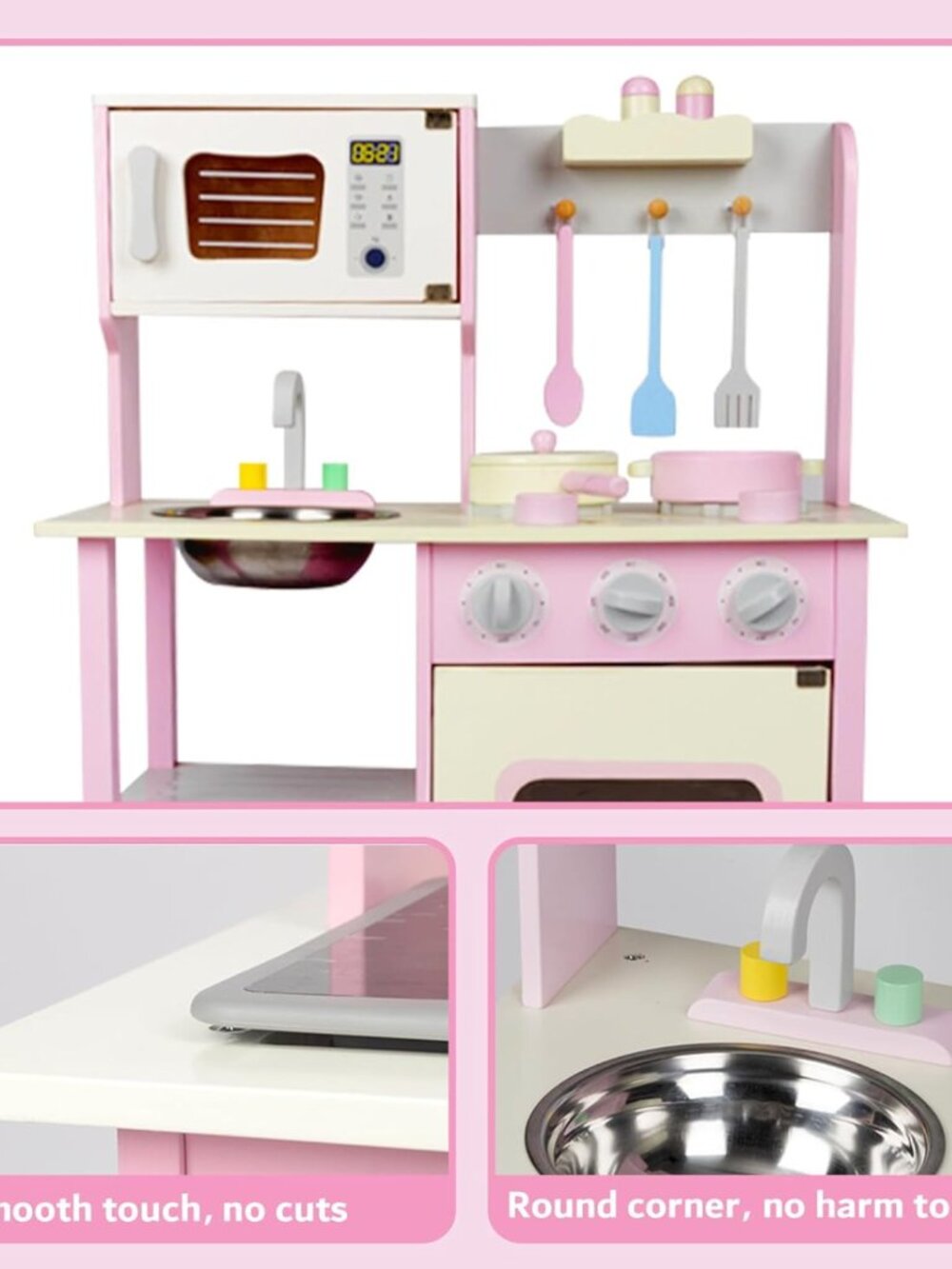 Kids Wooden Play Kitchen Set, Pink Pretend Cooking Toy with Accessories - Picture 16 of 16